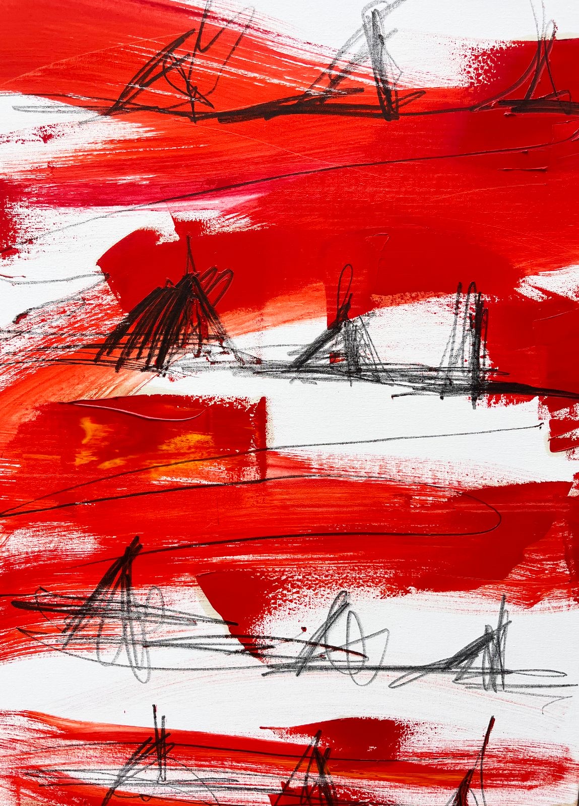 Traccia su sole rosso I - Fabio Ramagnano, 2022-2026, Olio e matita 14B su tela